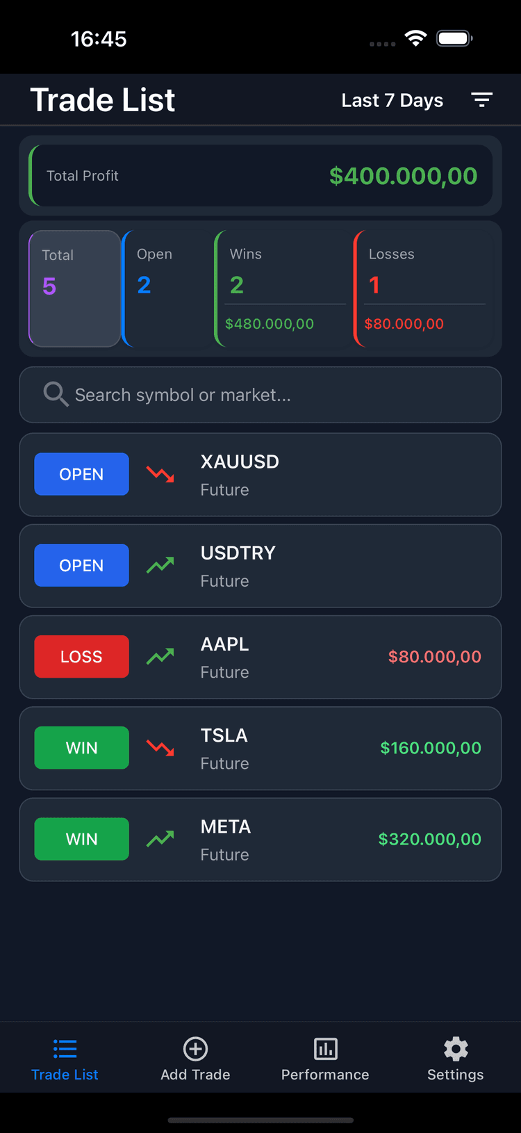 Trading Journal trade list screen